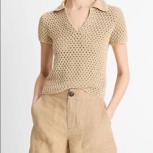 Vince Macramé Cotton Polo Sweater in Pale Nut